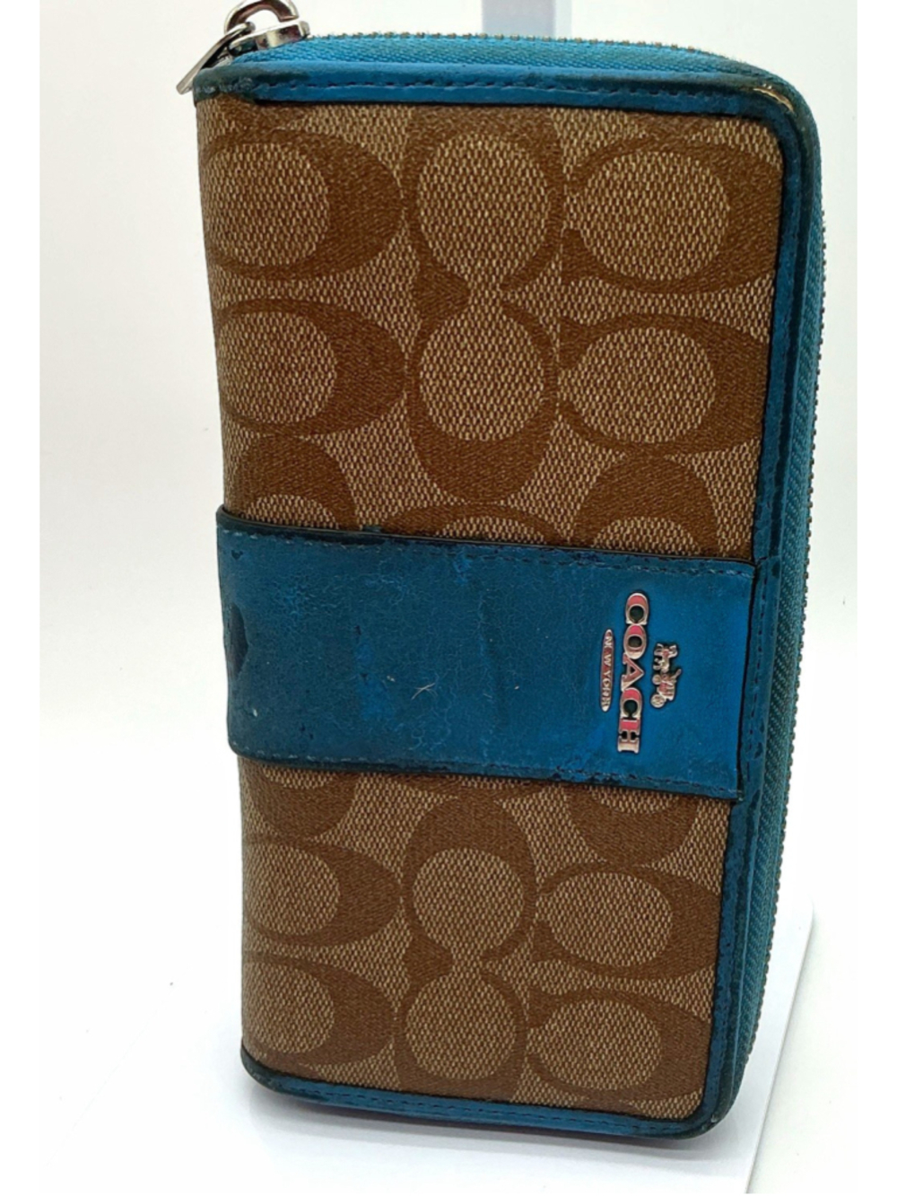Coach Women’s Signature Canvas Zip-Around Wallet Brown/Blue Credit Card Logo